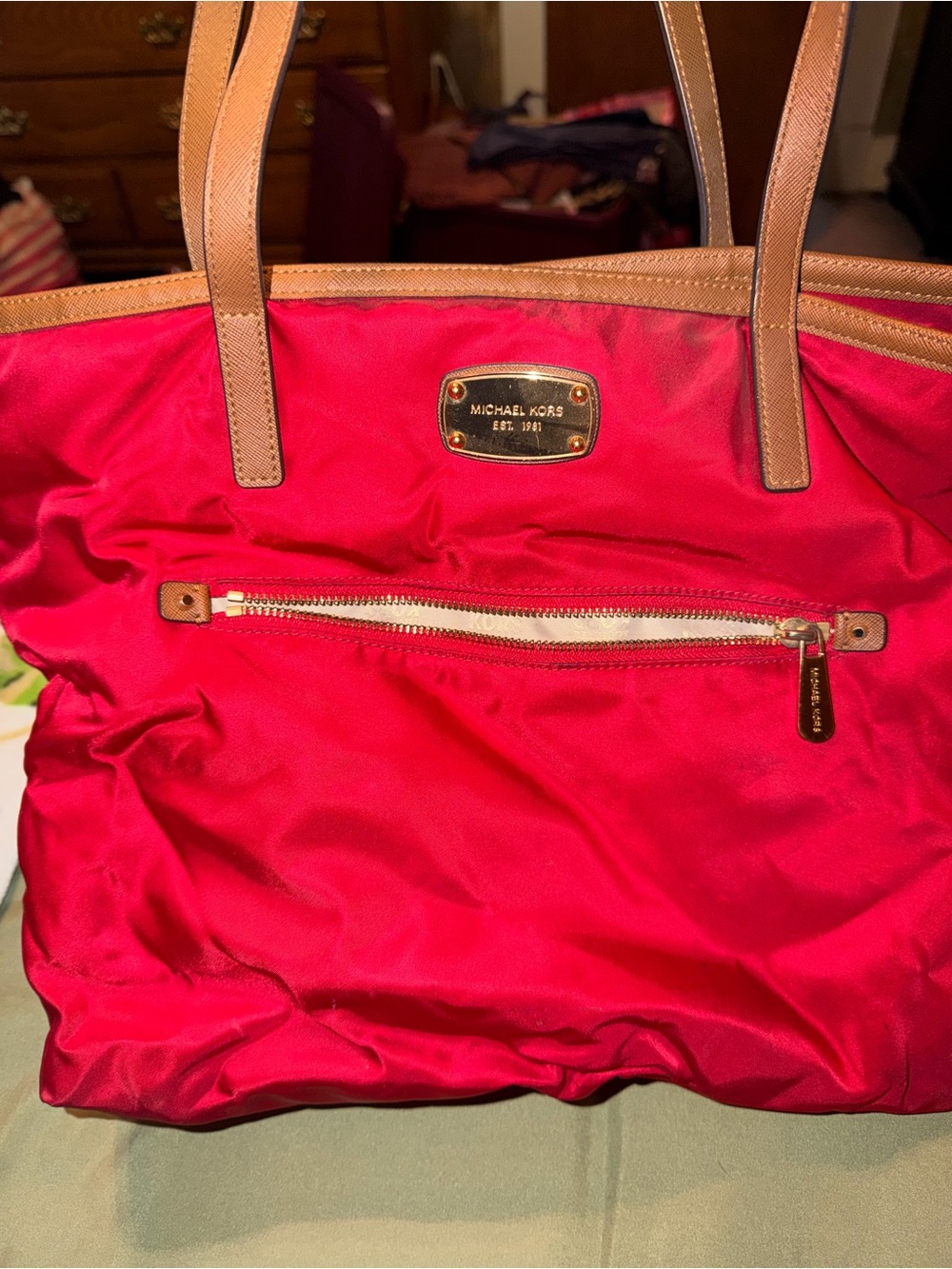 Michael Kors Bright Red Nylon Tote with Tan Leather Trim